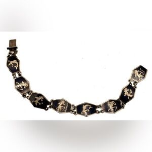Vintage Sterling Silver Black Enamel Panel Link Bracelet Signed Siam